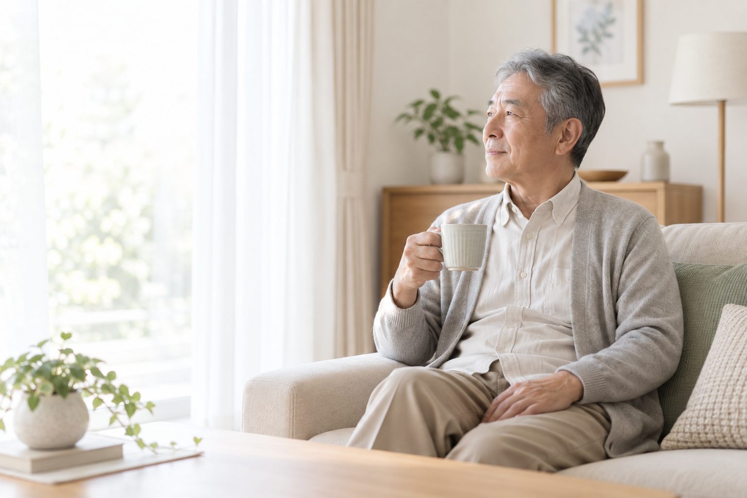 自宅でくつろぎながら耳をすます様子